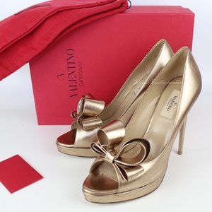 NEW VALENTINO GARAVANI Bow Leather Heeled Pump, Light Bronze, EU 40